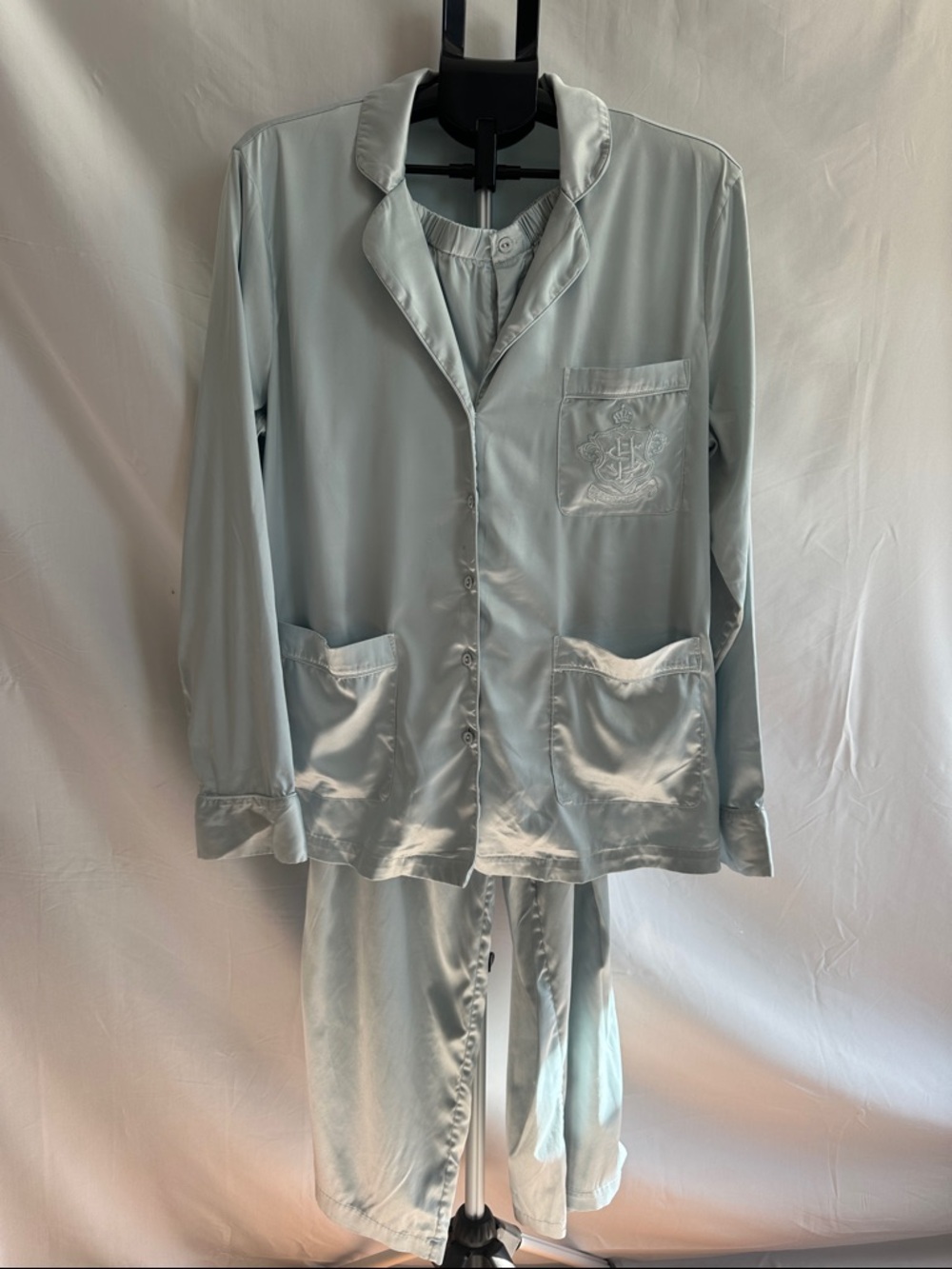 SKIMS Light Blue Satin Pajama Set with Embroidered Pocket